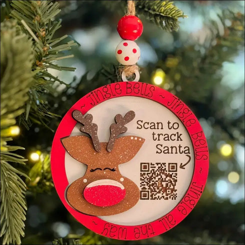 Handmade Wooden Christmas Ornament with Reindeer and Santa Tracker QR Code Design